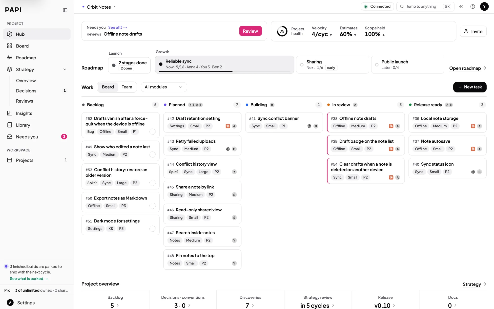 The PAPI hub for a sample project: what needs you, project health, the roadmap, and the team board across Planned, Building, In review and Release ready