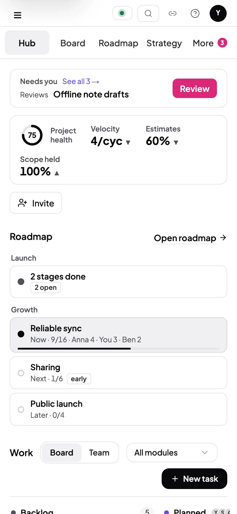 The PAPI hub for a sample project: what needs you, project health, the roadmap, and the team board across Planned, Building, In review and Release ready
